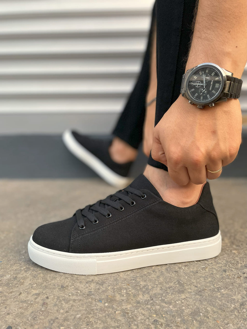 JY122 Mode Lace-Up Casual Men's Sneaker - Suede Black White