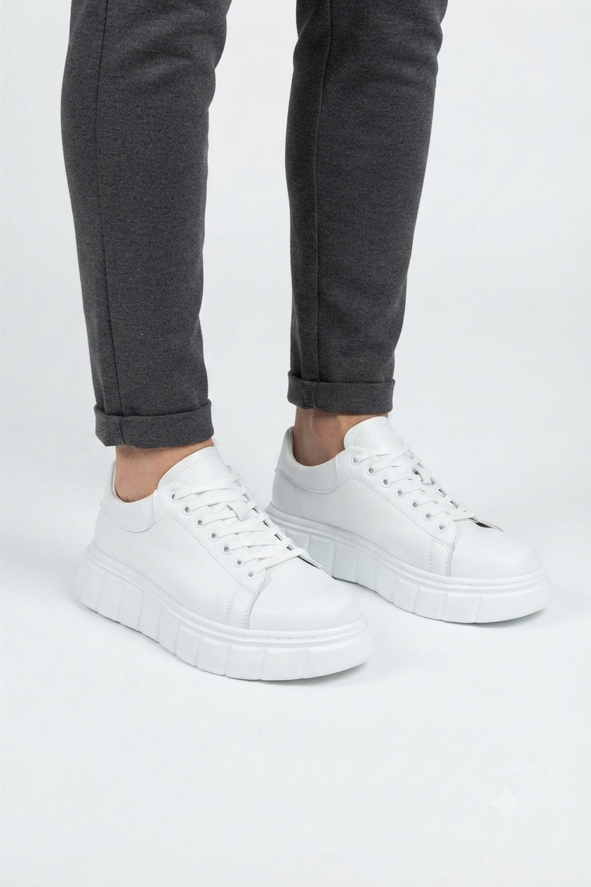 ZRJ144 Premium Kalite Bağcıklı Yüksek Taban Casual Erkek Sneaker Beyaz