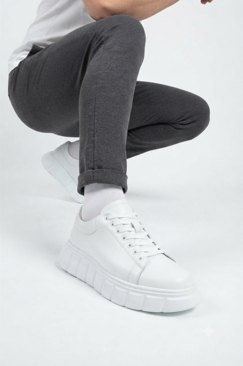 ZRJ144 Premium Kalite Bağcıklı Yüksek Taban Casual Erkek Sneaker Beyaz