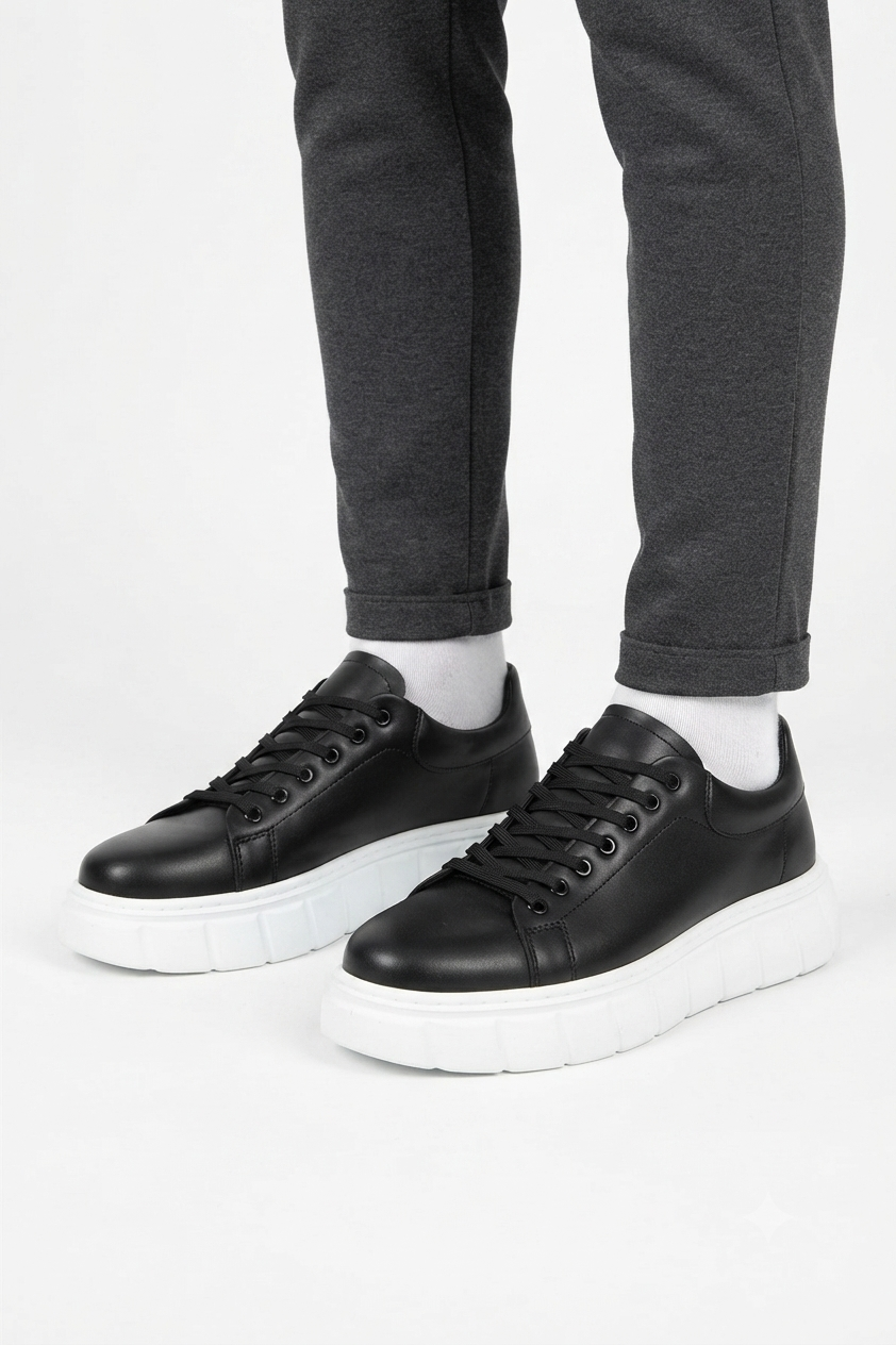 ZRJ144 Premium Kalite Bağcıklı Yüksek Taban Casual Erkek Sneaker Siyah Beyaz