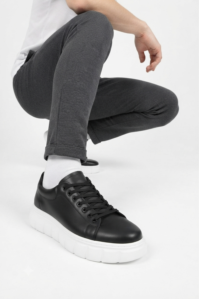 ZRJ144 Premium Kalite Bağcıklı Yüksek Taban Casual Erkek Sneaker Siyah Beyaz