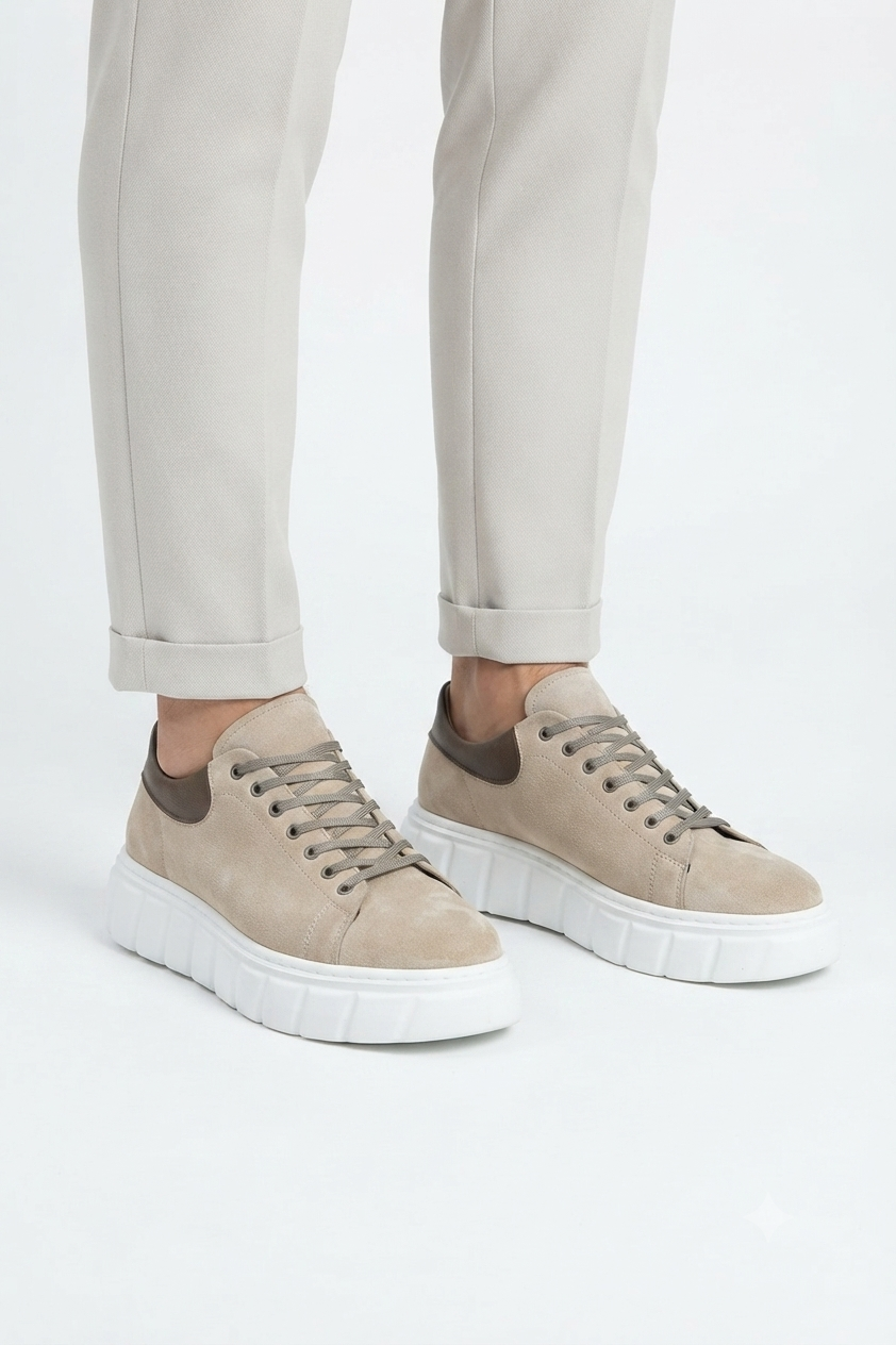 ZRJ144 Premium Kalite Bağcıklı Yüksek Taban Casual Erkek Sneaker Krem Süet