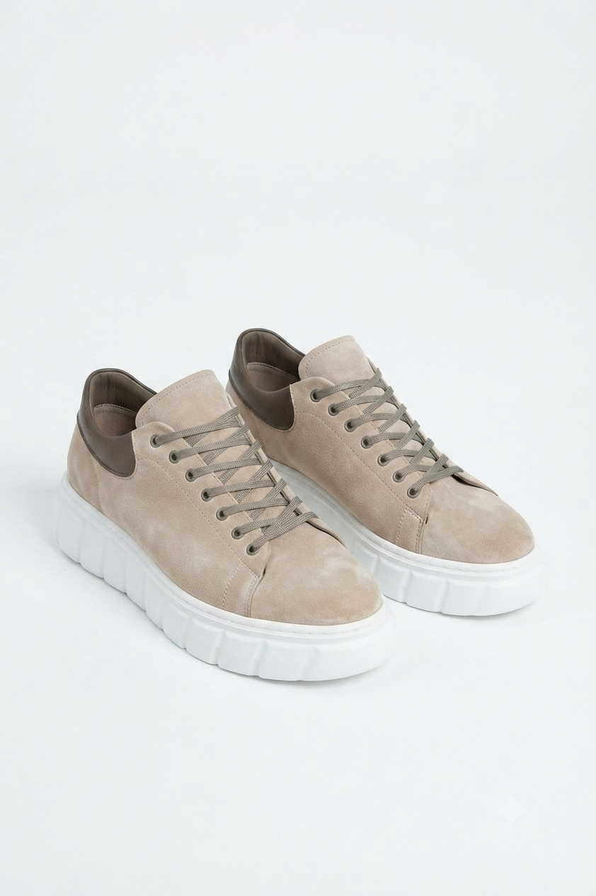 ZRJ144 Premium Kalite Bağcıklı Yüksek Taban Casual Erkek Sneaker Krem Süet