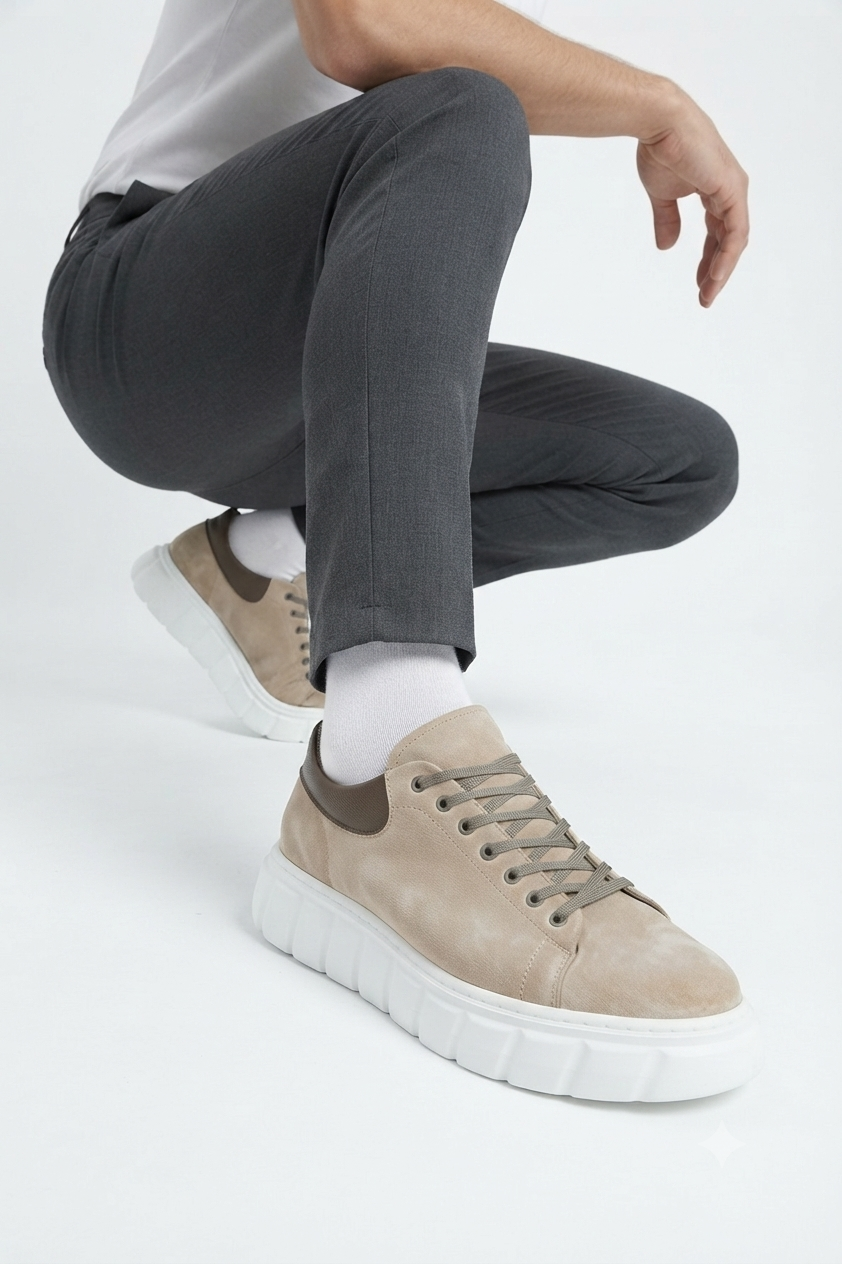 ZRJ144 Premium Kalite Bağcıklı Yüksek Taban Casual Erkek Sneaker Krem Süet