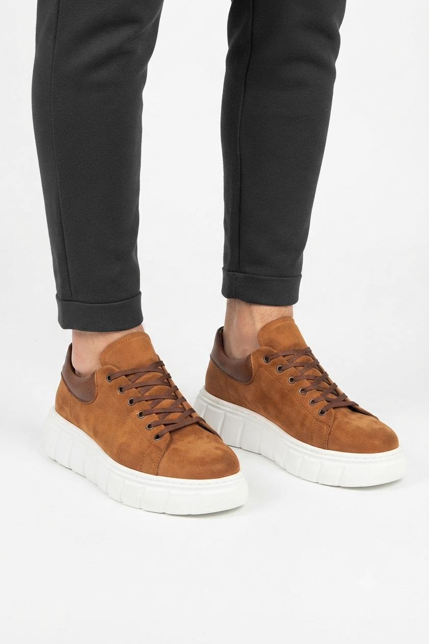 ZRJ144 Premium Kalite Bağcıklı Yüksek Taban Casual Erkek Sneaker Taba Süet