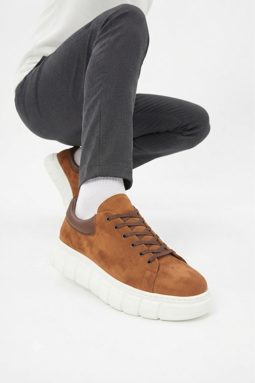 ZRJ144 Premium Kalite Bağcıklı Yüksek Taban Casual Erkek Sneaker Taba Süet