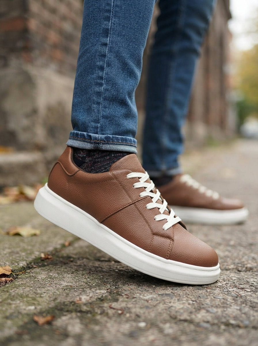 ZRJ151 Yüksek Kalite Bağcıklı Erkek Günlük Sneaker - Taba Beyaz