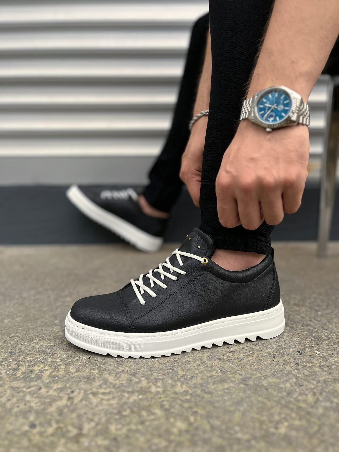 JY152 Cool Bağcıklı Cilt Erkek Günlük Spor Klasik Ayakkabı - Siyah Beyaz