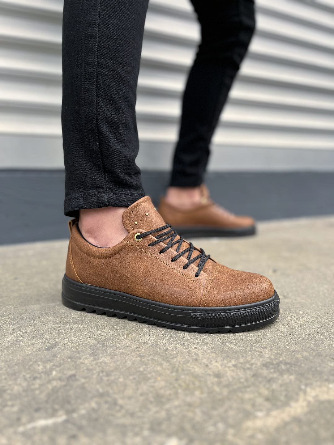 JY152 Cool Bağcıklı Cilt Erkek Günlük Spor Klasik Ayakkabı - Taba Siyah