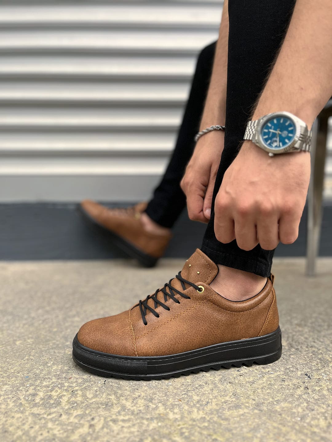 JY152 Cool Bağcıklı Cilt Erkek Günlük Spor Klasik Ayakkabı - Taba Siyah