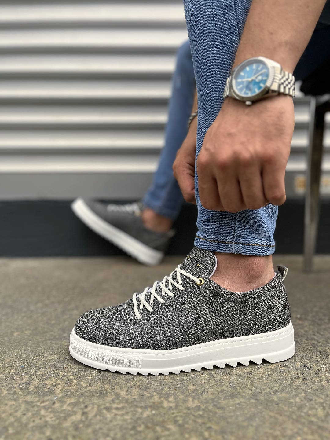 JY152 Cool Bağcıklı Keten Erkek Günlük Spor Klasik Ayakkabı - Gri