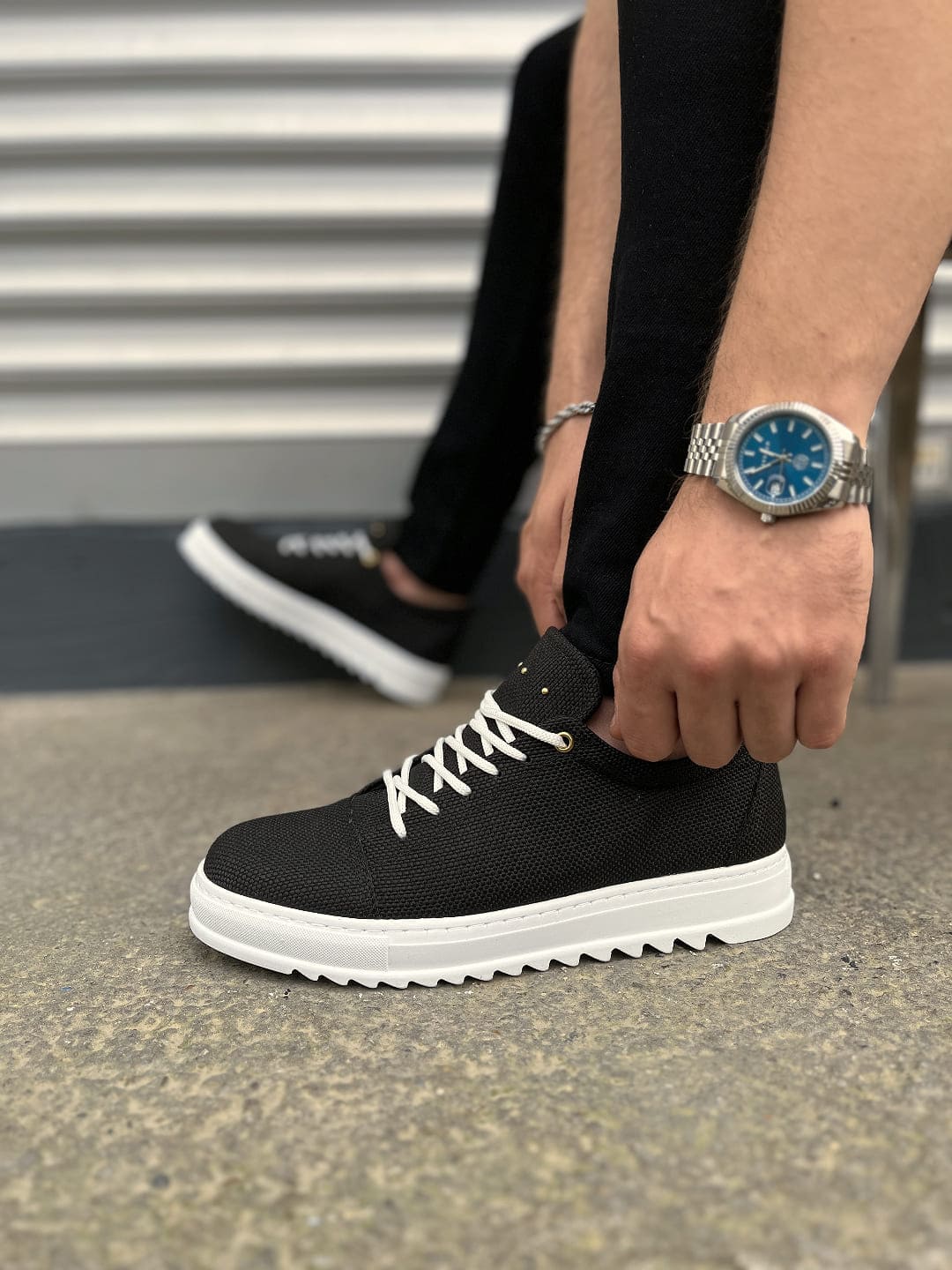 JY152 Cool Bağcıklı Keten Erkek Günlük Spor Klasik Ayakkabı - Siyah Beyaz