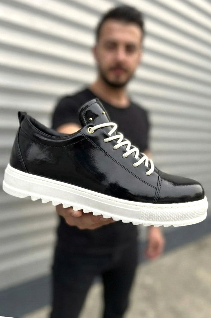 ZRJ152 High-Quality Lace-Up Men's Casual Sports Shoes - Black White Patent Leather