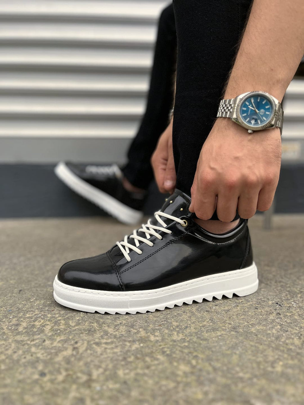ZRJ152 High-Quality Lace-Up Men's Casual Sports Shoes - Black White Patent Leather