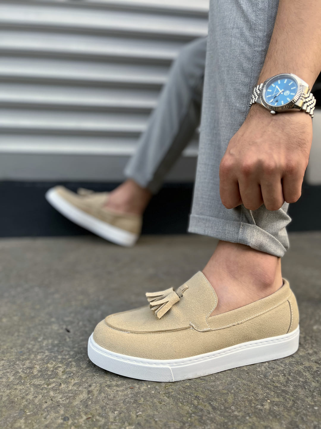 JY153 Bloomer Bağcıksız Püsküllü Süet Erkek Günlük Klasik Ayakkabı - Krem