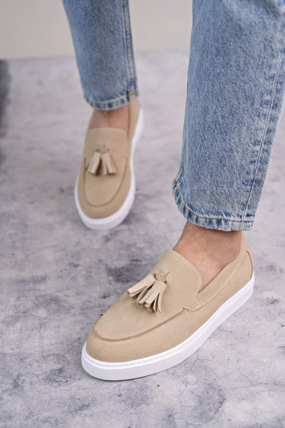 ZRJ153 Bağcıksız Püsküllü Erkek Loafer Klasik Ayakkabı - Süet Krem