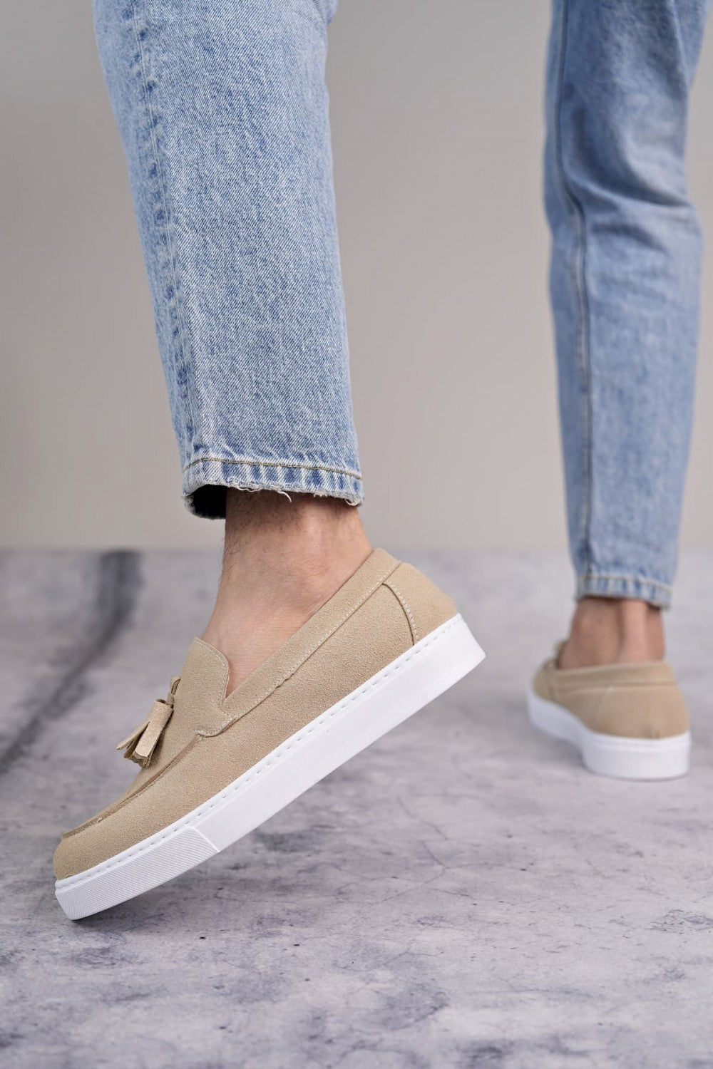 ZRJ153 Bağcıksız Püsküllü Erkek Loafer Klasik Ayakkabı - Süet Krem
