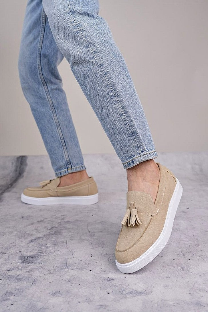 ZRJ153 Bağcıksız Püsküllü Erkek Loafer Klasik Ayakkabı - Süet Krem