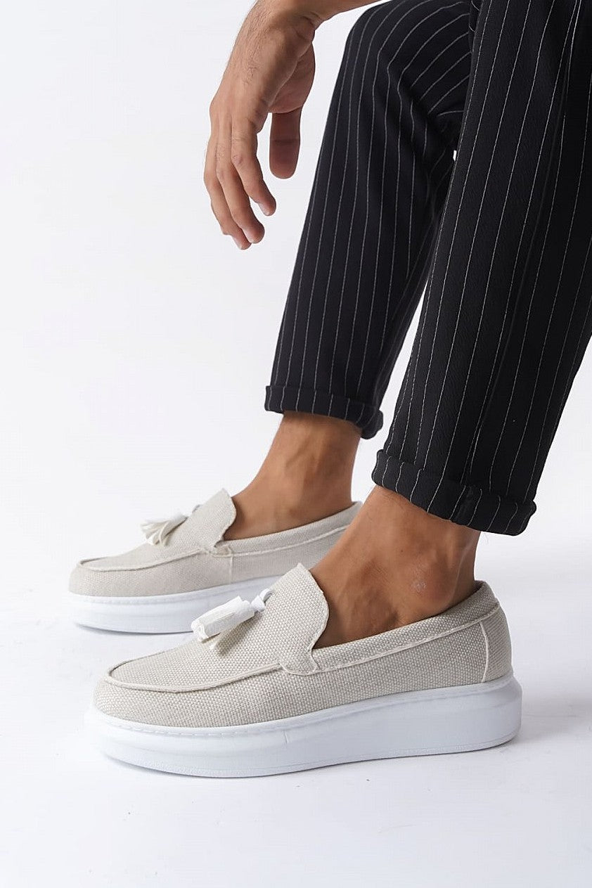 JY154 Blaze Laceless Tasseled Men's Casual Classic Shoes - Linen White