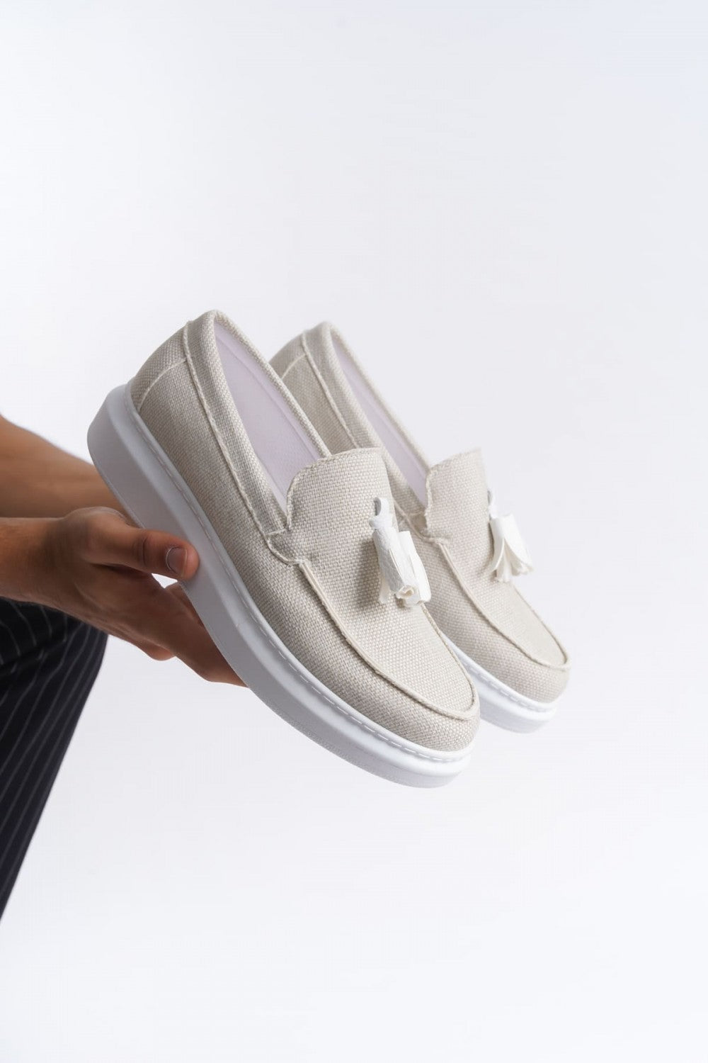 JY154 Blaze Laceless Tasseled Men's Casual Classic Shoes - Linen White