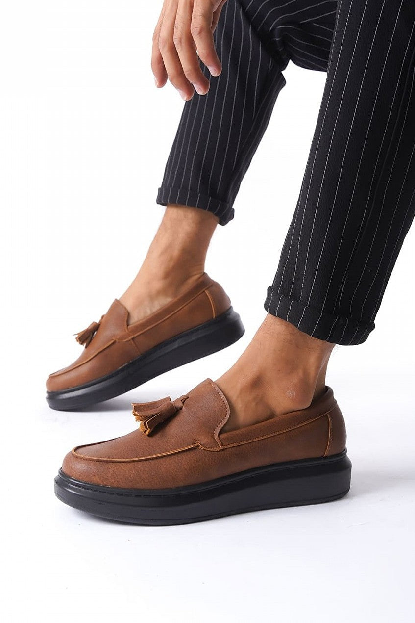 JY154 Blaze Laceless Tasseled Men's Casual Classic Shoes - Vegan Leather Tan Black