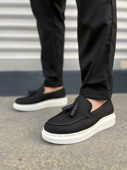 JY154 Blaze Laceless Tasseled Men's Casual Classic Shoes - Linen Black White