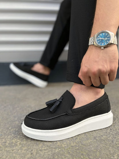 JY154 Blaze Laceless Tasseled Men's Casual Classic Shoes - Linen Black White