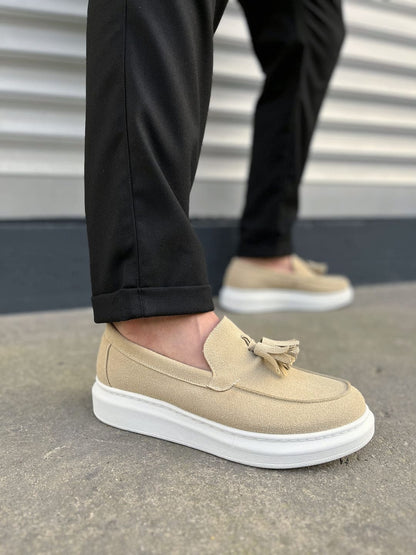 JY154 Blaze Laceless Tasseled Men's Casual Classic Shoes - Suede Cream