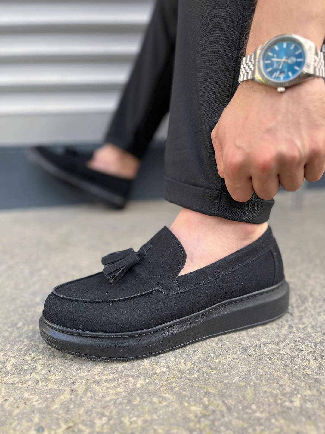 JY154 Blaze Laceless Tasseled Men's Casual Classic Shoes - Suede Black
