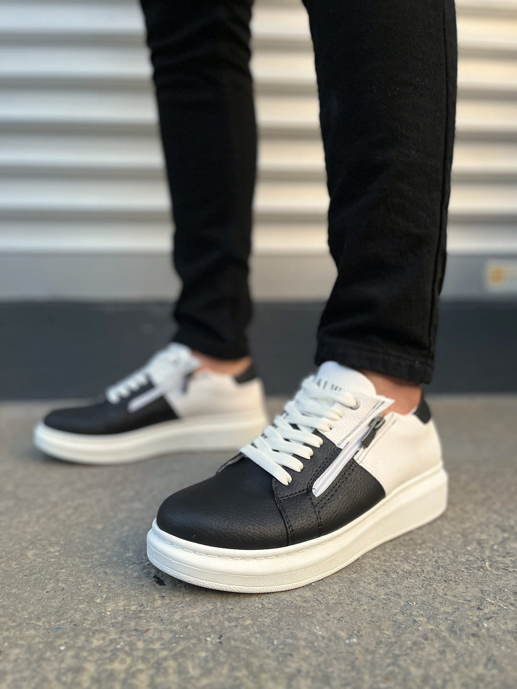 JY155 Warrior Bağcıklı ve Fermuarlı Erkek Günlük Casual Sneaker Ayakkabı - Beyaz Siyah