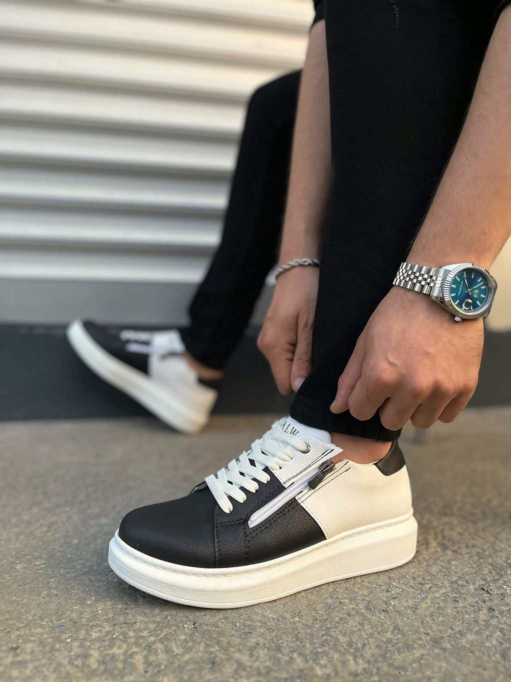 JY155 Warrior Bağcıklı ve Fermuarlı Erkek Günlük Casual Sneaker Ayakkabı - Beyaz Siyah