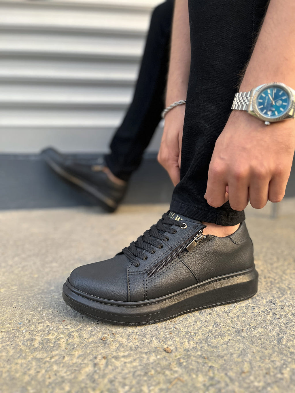 JY155 Warrior Bağcıklı ve Fermuarlı Erkek Günlük Casual Sneaker Ayakkabı - Siyah