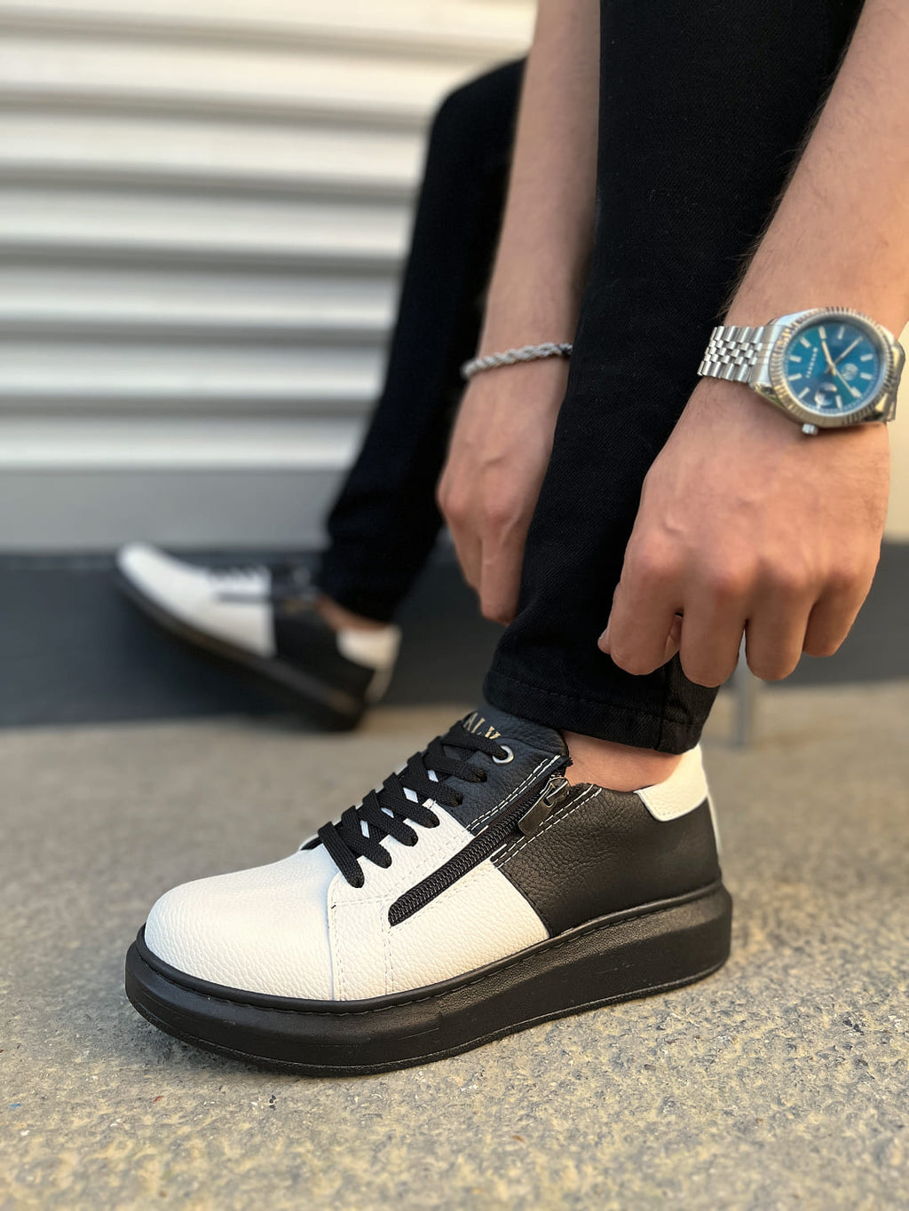 JY155 Warrior Bağcıklı ve Fermuarlı Erkek Günlük Casual Sneaker Ayakkabı - Siyah S Beyaz