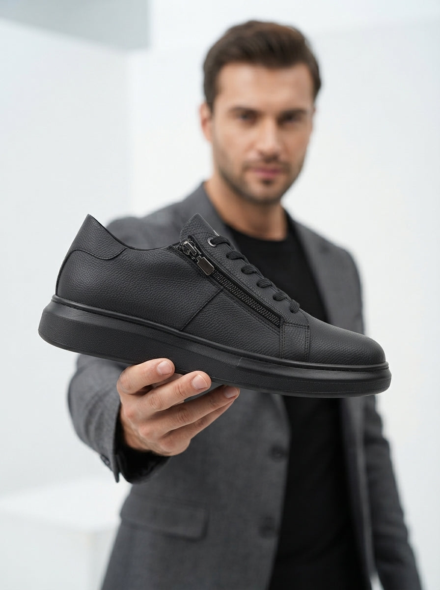 ZRJ155 Yüksek Kalite Fermuarlı Erkek Casual Sneaker - Siyah