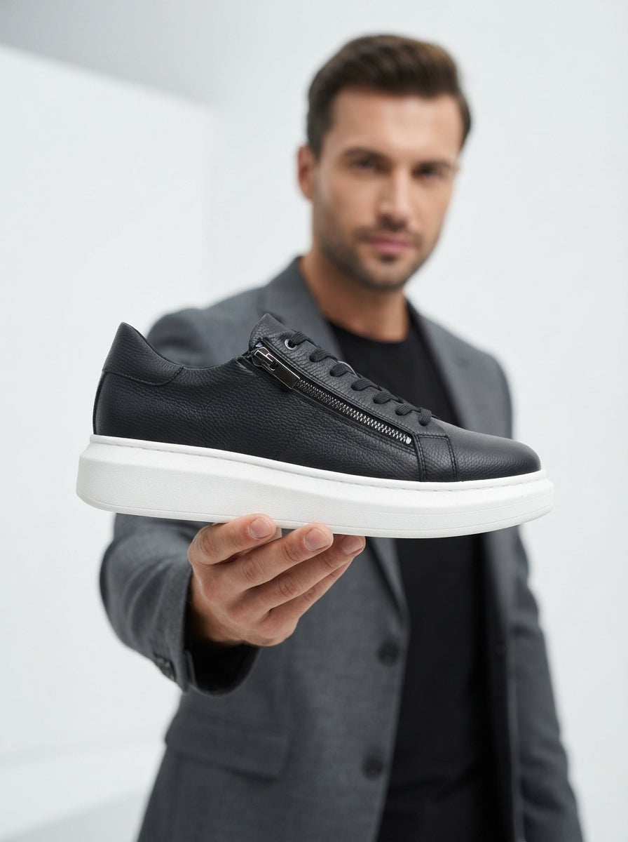 ZRJ155 Yüksek Kalite Fermuarlı Erkek Casual Sneaker - Siyah Beyaz