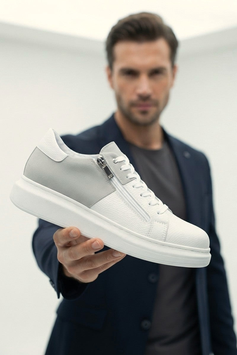 ZRJ155 Yüksek Kalite Fermuarlı Erkek Casual Sneaker - Süet Beyaz Gri