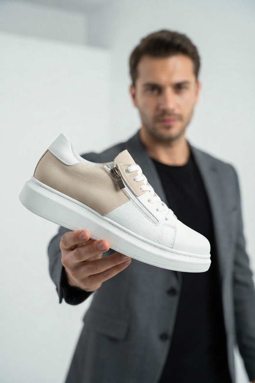 ZRJ155 Yüksek Kalite Fermuarlı Erkek Casual Sneaker - Beyaz Krem