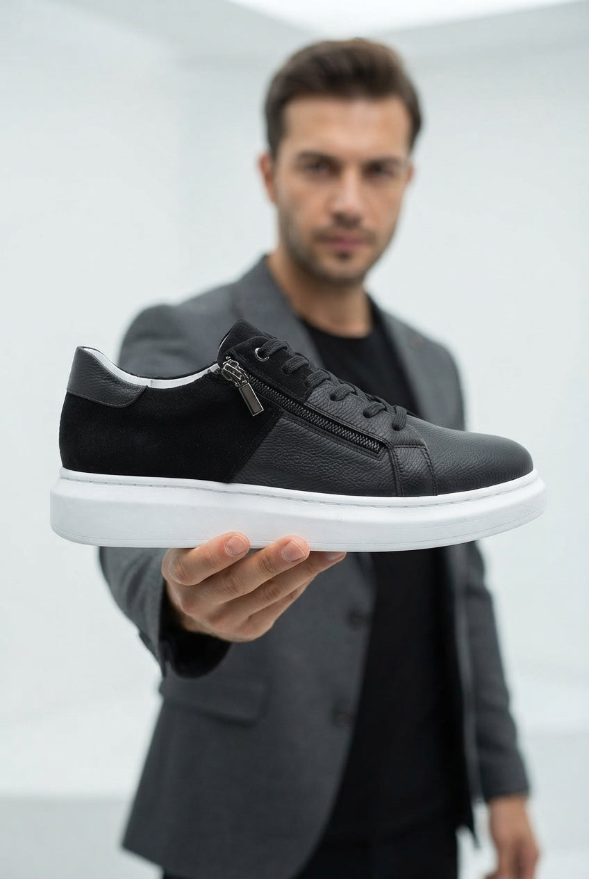 ZRJ155 Yüksek Kalite Fermuarlı Erkek Casual Sneaker - Siyah Süet Beyaz