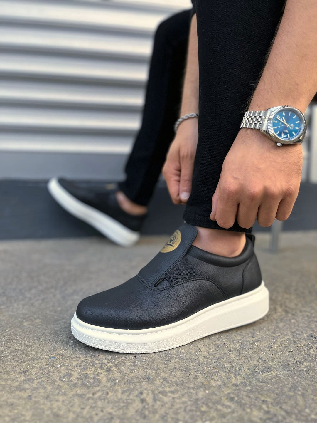 JY161 Hippo Lastik Detaylı Erkek Günlük Sneaker - Siyah Beyaz
