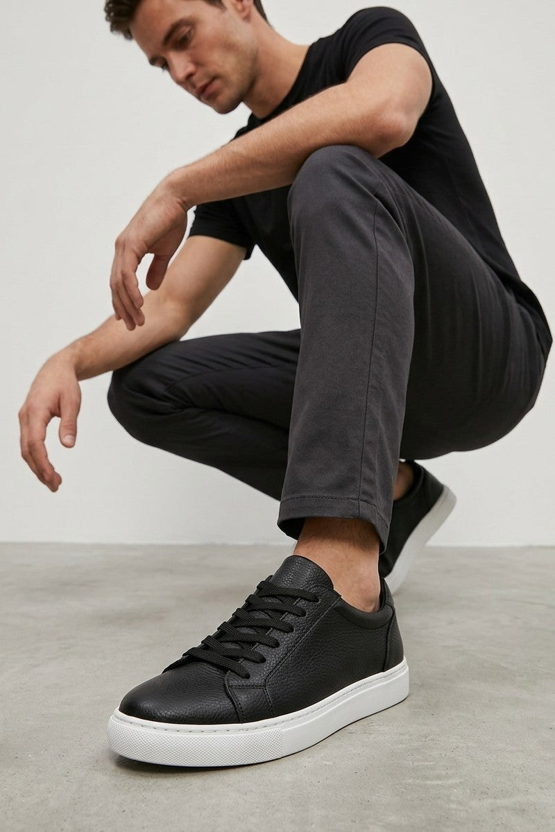ZRJ165 Premium Elite Bağcıklı Erkek Sneaker - Siyah Beyaz
