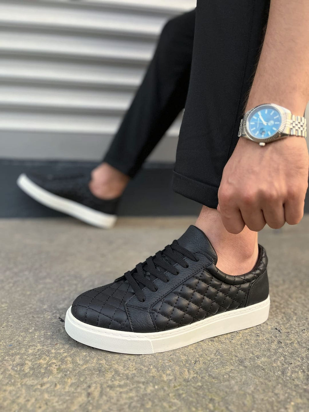 JY166 Prestige Bağcıklı Kapitone Desenli Erkek Günlük Sneaker - Siyah Beyaz