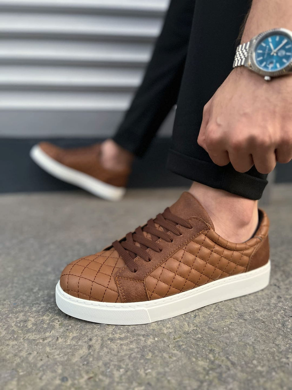 JY166 Prestige Bağcıklı Kapitone Desenli Erkek Günlük Sneaker - Taba