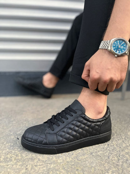 JY166 Prestige Bağcıklı Kapitone Desenli Erkek Günlük Sneaker - Siyah