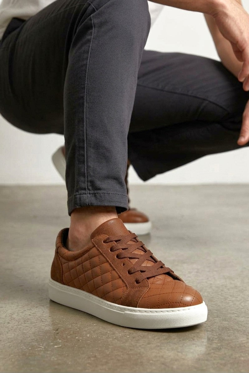 ZRJ166 Premium Kapitone Desenli Erkek Sneaker - Taba