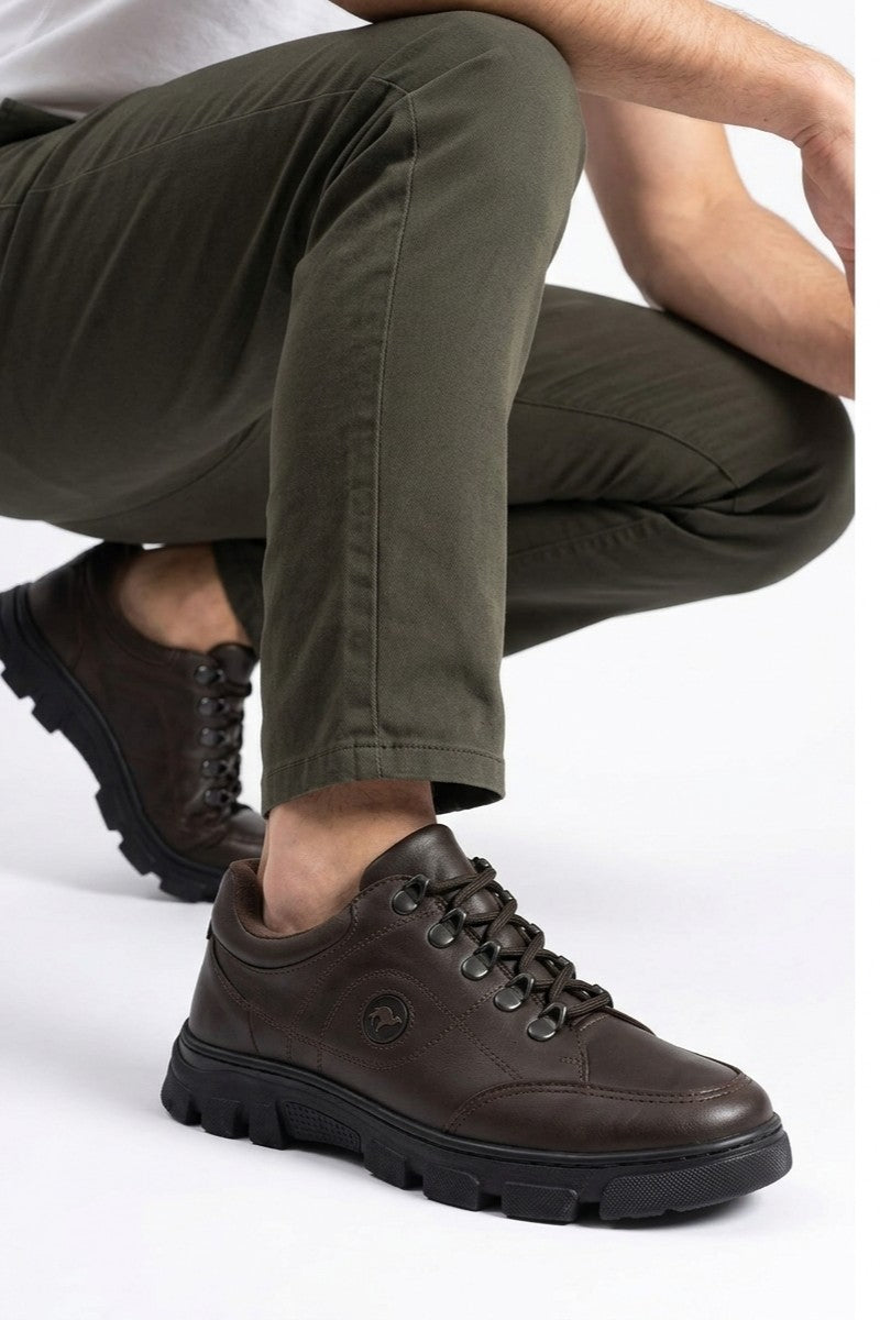 ZRJ1909 Exclusive Bağcıklı Fermuarlı Hakiki Deri Erkek Casual Ayakkabı - Kahverengi
