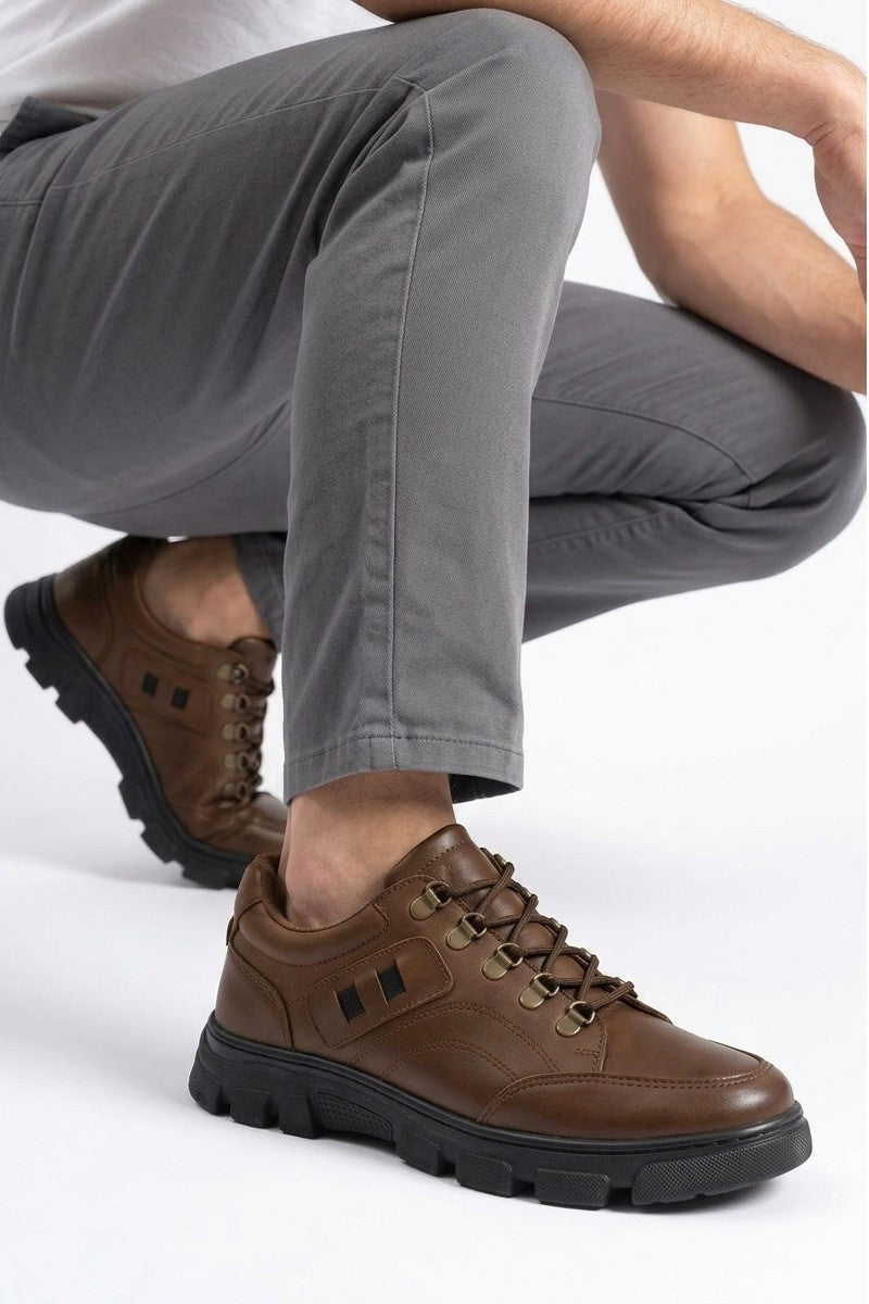 ZRJ1909 Exclusive Bağcıklı Fermuarlı Hakiki Deri Erkek Casual Ayakkabı - Taba