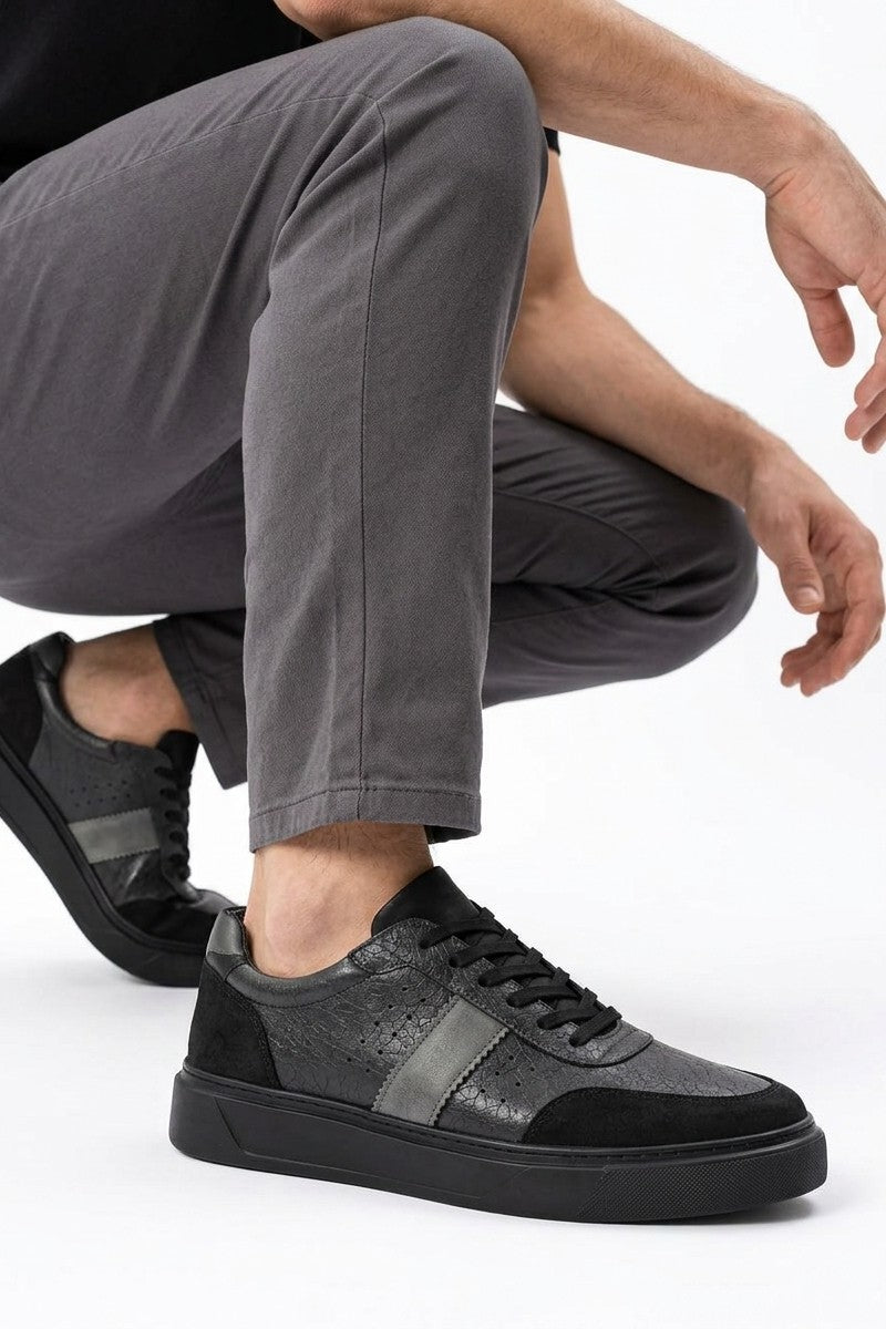 ZRJ1915 Premium Bağcıklı Hakiki Deri Erkek Günlük Casual Ayakkabı - Siyah Gri