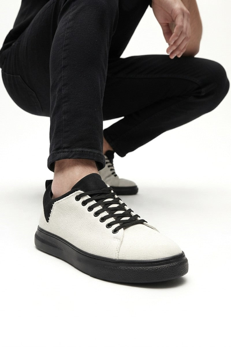 ZRJ204 Premium Kanvas Kumaş Erkek Günlük Sneaker - Beyaz Siyah