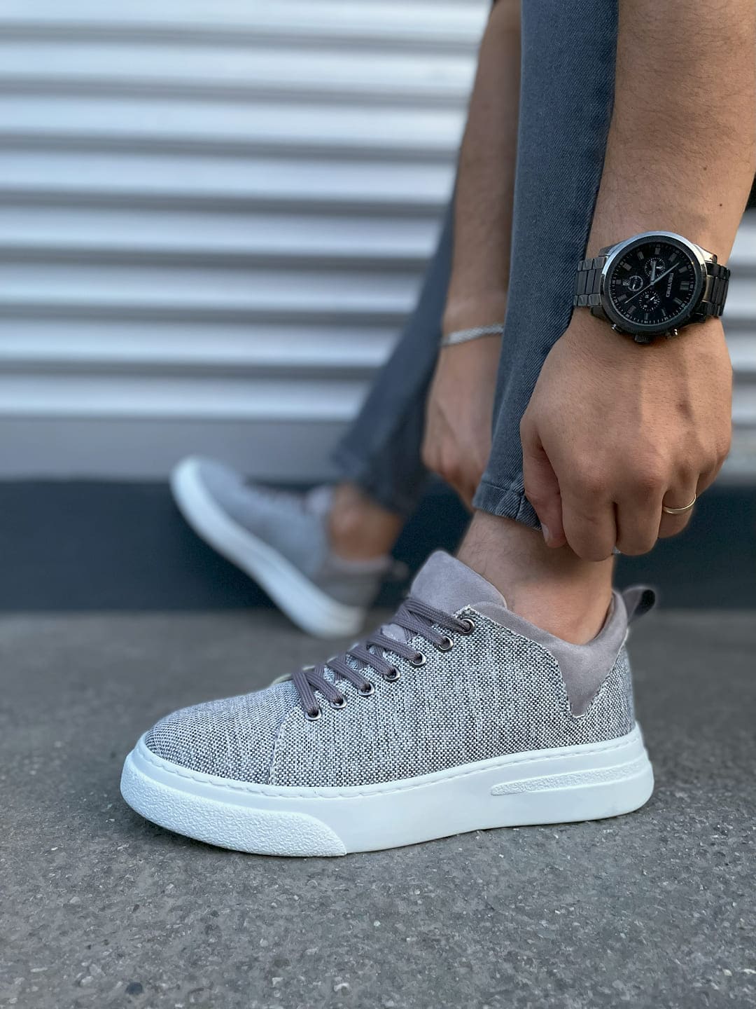 JY204 Flex Bağcıklı Keten Erkek Günlük Sneaker - Gri
