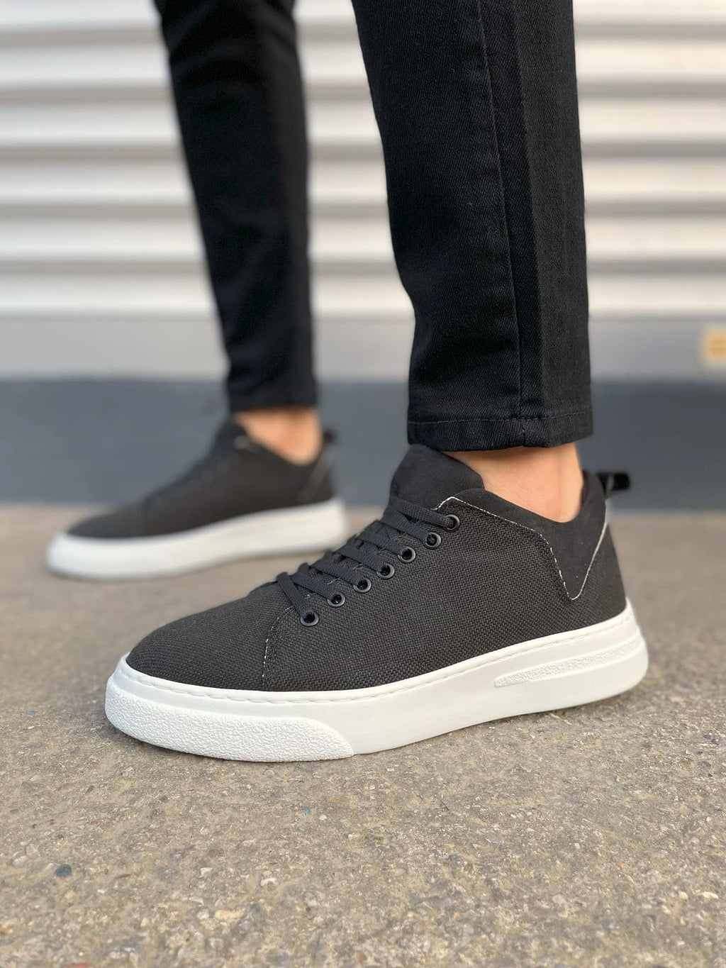 JY204 Flex Bağcıklı Keten Erkek Günlük Sneaker - Siyah Beyaz